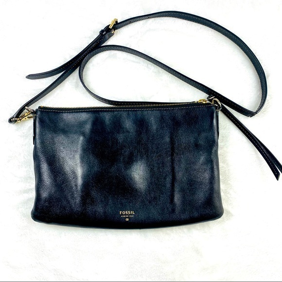 Fossil Bags Fossil Sydney Top Zip Leather Crossbody Bag Purse Black With Gold Hardware